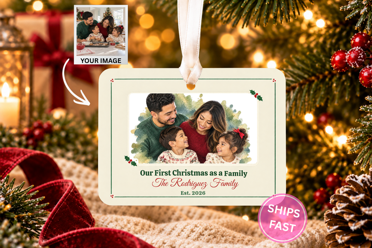 Watercolor Family Frame personalized 4 x 3 in ceramic Christmas ornament