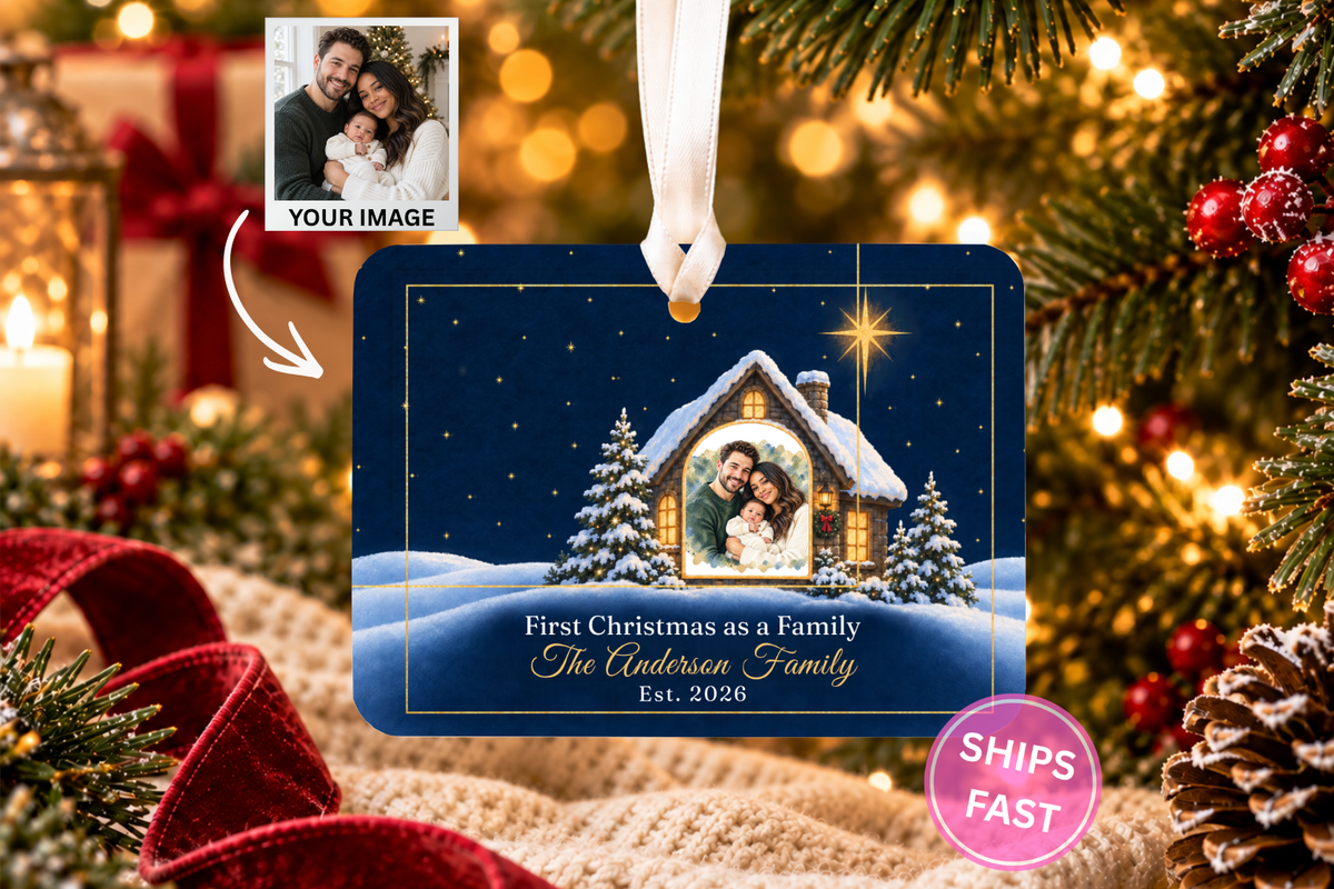 Starry Night Cabin personalized 4 x 3 in ceramic Christmas ornament