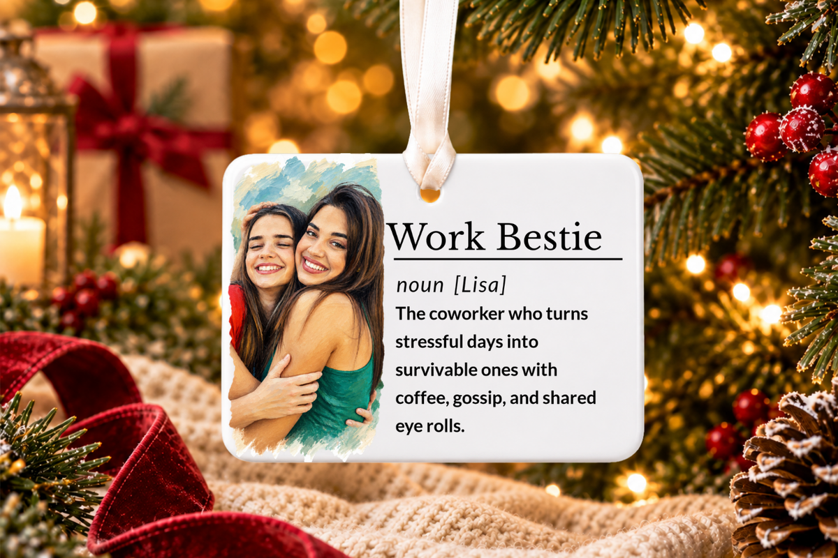 Work Bestie Ornament, Personalized Coworker Christmas Gift, Office Friendship Keepsake with Gift Box