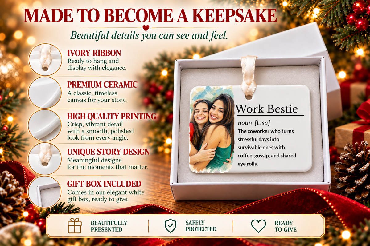 Work Bestie Ornament, Personalized Coworker Christmas Gift, Office Friendship Keepsake with Gift Box