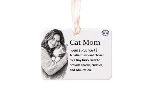 Pencil-sketch woman cuddling her tabby cat personalized ceramic Christmas story ornament