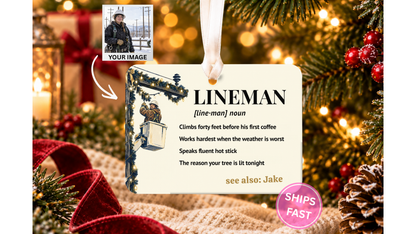 Lineman Christmas ceramic ornament with your photo placed in the design