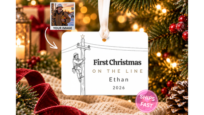 Lineman Christmas ceramic ornament with your photo placed in the design