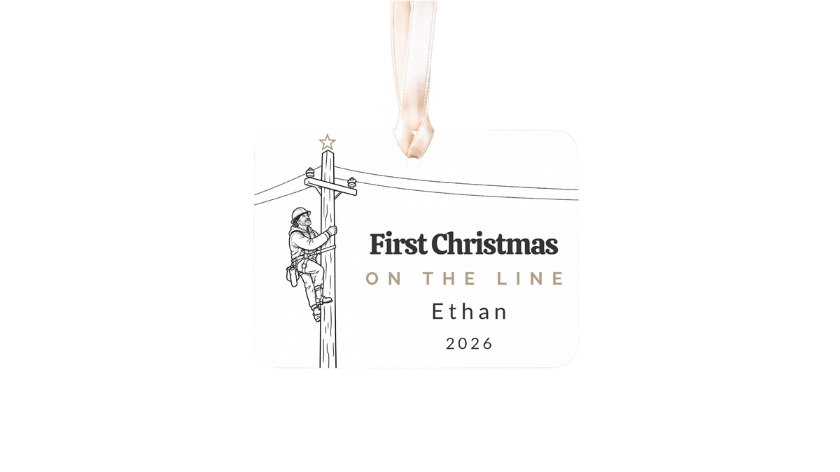 Lineman Christmas ceramic story ornament, rounded rectangle, design 05