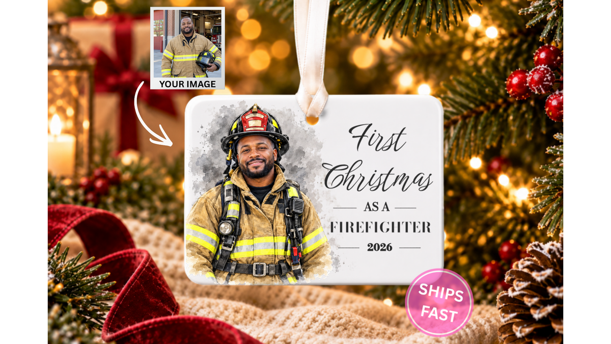 First Christmas as a Firefighter watercolor ornament on a Christmas tree backdrop with a Your Image tile showing the buyer photo