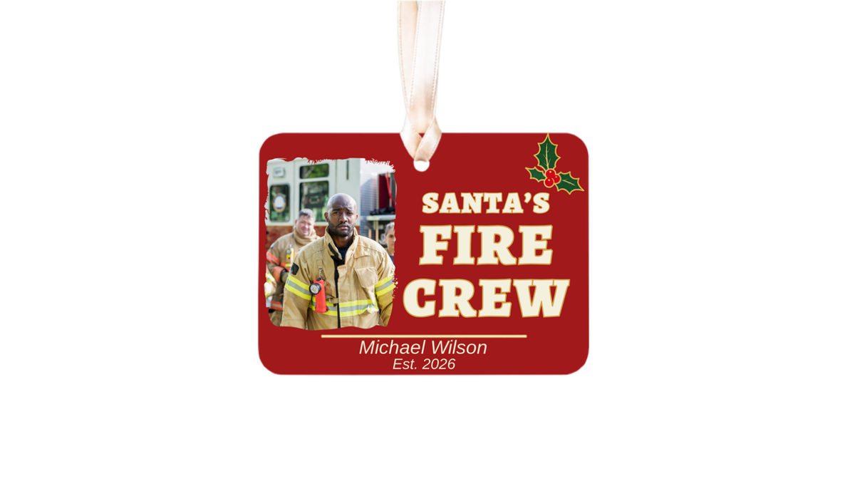 Santa's Fire Crew red firefighter ornament with a photo frame on a white background