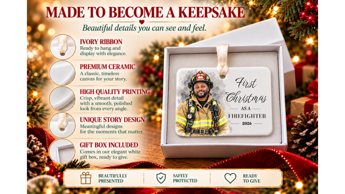 Made to become a keepsake: First Christmas as a Firefighter watercolor ornament in a white gift box with ivory ribbon and ceramic detail close-ups