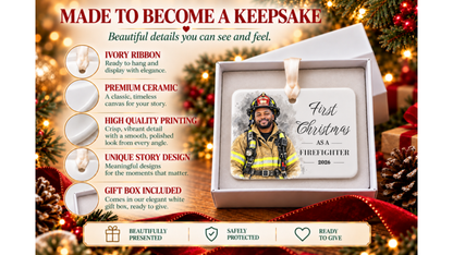 Made to become a keepsake: First Christmas as a Firefighter watercolor ornament in a white gift box with ivory ribbon and ceramic detail close-ups