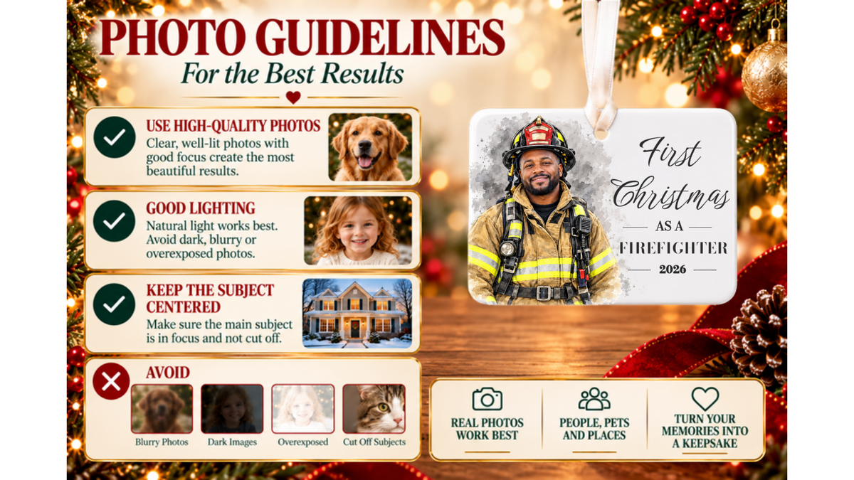 Photo guidelines for best results with First Christmas as a Firefighter watercolor ornament and good and bad photo examples