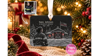 thin red line firefighter ornament with a snowy fire station night scene on a Christmas tree backdrop with a Your Image tile showing the buyer photo