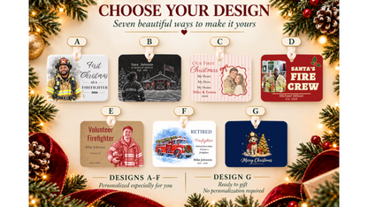 Choose your design: seven firefighter Christmas ornament designs A to G