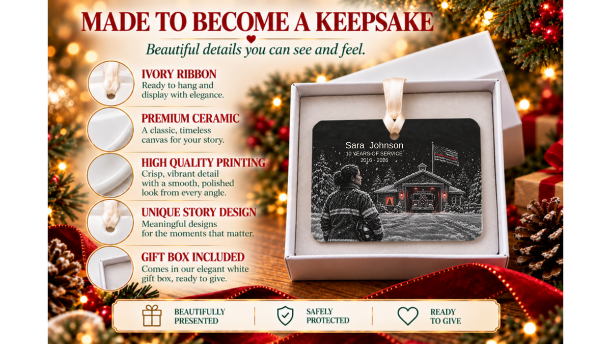 Made to become a keepsake: thin red line firefighter ornament with a snowy fire station night scene in a white gift box with ivory ribbon and ceramic detail close-ups