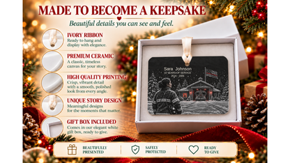 Made to become a keepsake: thin red line firefighter ornament with a snowy fire station night scene in a white gift box with ivory ribbon and ceramic detail close-ups