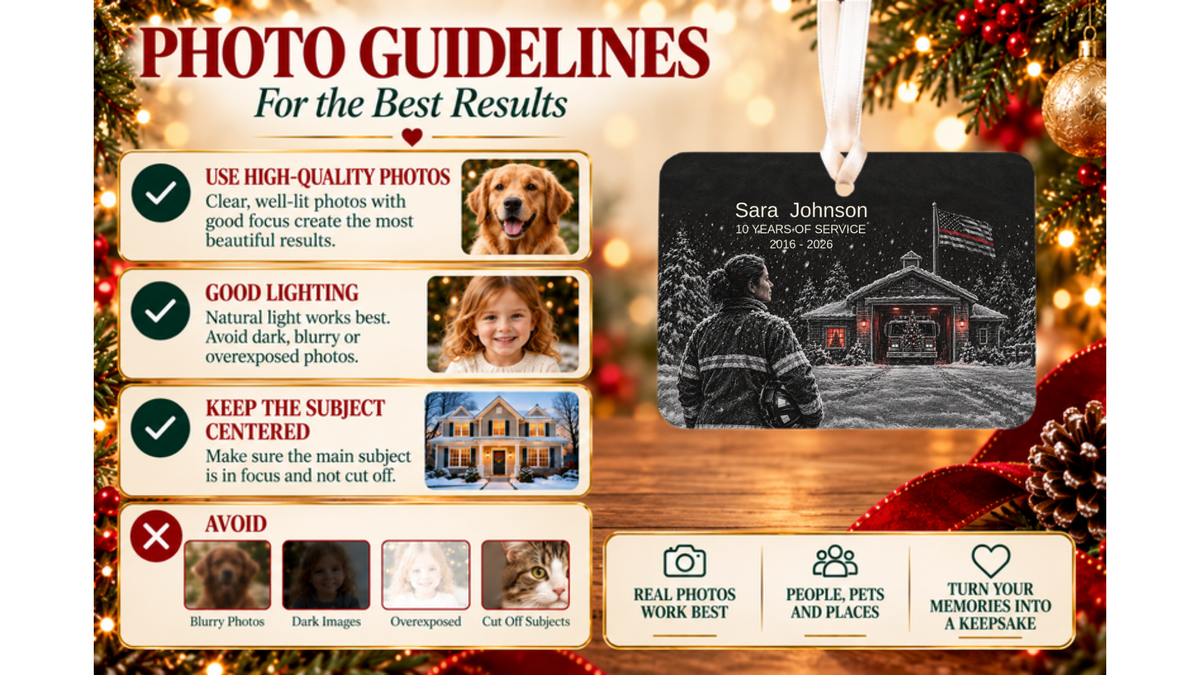 Photo guidelines for best results with thin red line firefighter ornament with a snowy fire station night scene and good and bad photo examples