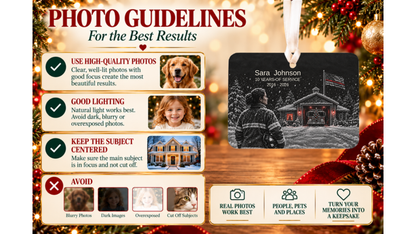 Photo guidelines for best results with thin red line firefighter ornament with a snowy fire station night scene and good and bad photo examples