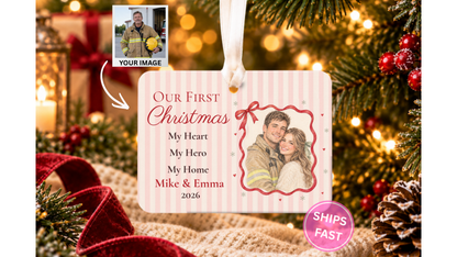 Our First Christmas firefighter couple ornament with a red ribbon photo frame on a Christmas tree backdrop with a Your Image tile showing the buyer photo