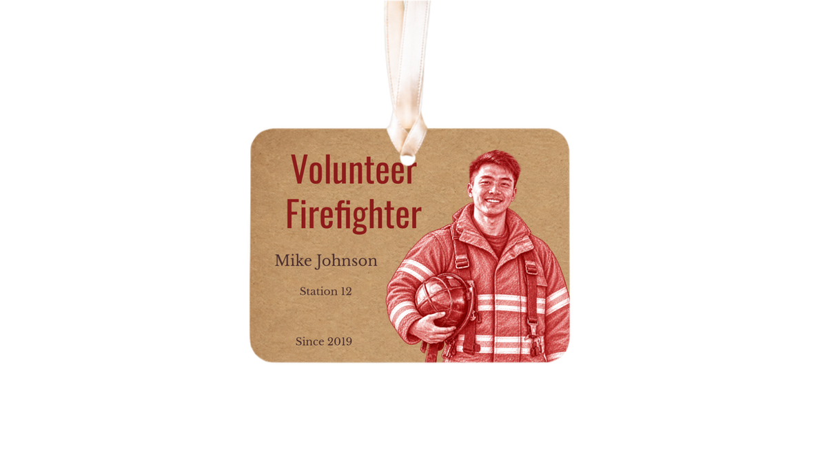 Volunteer Firefighter red pencil sketch ornament on a white background