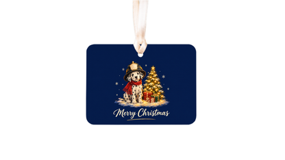 Merry Christmas Dalmatian puppy firefighter helmet ornament on a white background