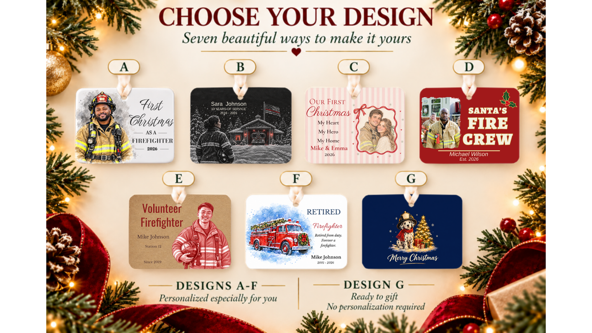 Choose your design: seven firefighter Christmas ornament designs A to G