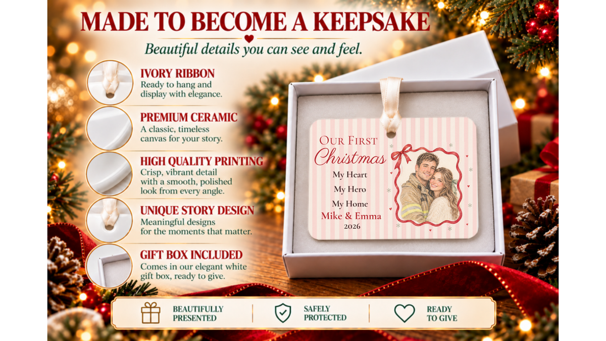 Made to become a keepsake: Our First Christmas firefighter couple ornament with a red ribbon photo frame in a white gift box with ivory ribbon and ceramic detail close-ups