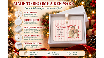 Made to become a keepsake: Our First Christmas firefighter couple ornament with a red ribbon photo frame in a white gift box with ivory ribbon and ceramic detail close-ups