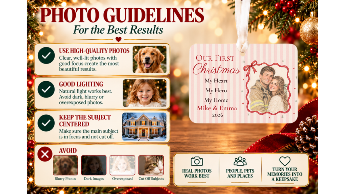 Photo guidelines for best results with Our First Christmas firefighter couple ornament with a red ribbon photo frame and good and bad photo examples