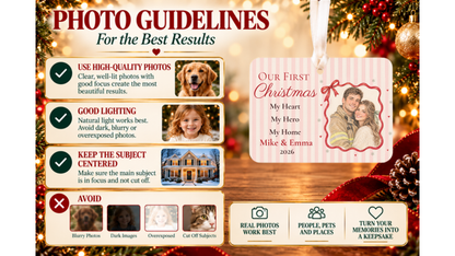 Photo guidelines for best results with Our First Christmas firefighter couple ornament with a red ribbon photo frame and good and bad photo examples