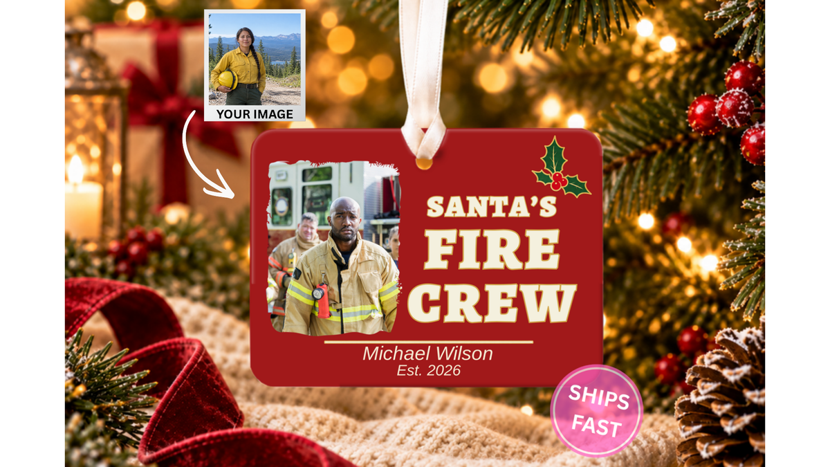 Santa's Fire Crew red firefighter ornament with a photo frame on a Christmas tree backdrop with a Your Image tile showing the buyer photo