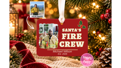 Santa's Fire Crew red firefighter ornament with a photo frame on a Christmas tree backdrop with a Your Image tile showing the buyer photo