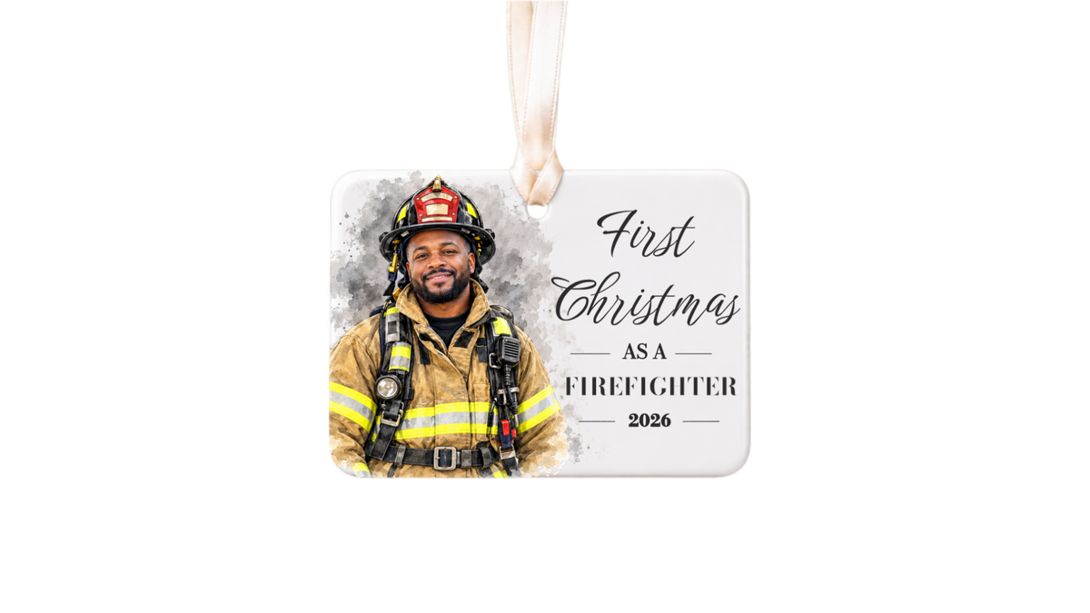 First Christmas as a Firefighter watercolor ornament on a white background