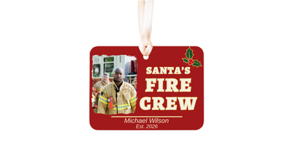 Santa's Fire Crew red firefighter ornament with a photo frame on a white background