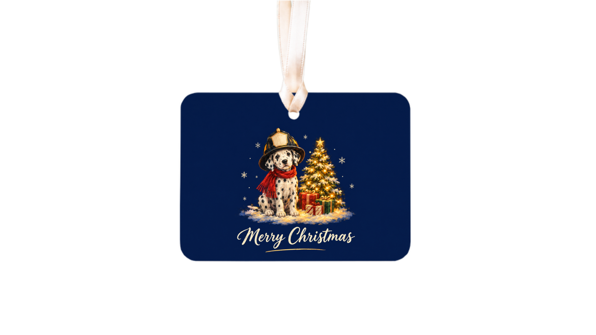 Merry Christmas Dalmatian puppy firefighter helmet ornament on a white background