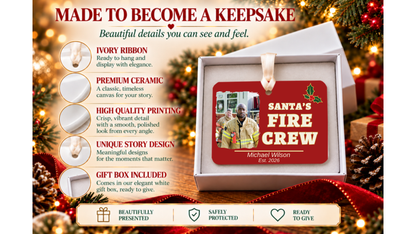 Made to become a keepsake: Santa's Fire Crew red firefighter ornament with a photo frame in a white gift box with ivory ribbon and ceramic detail close-ups