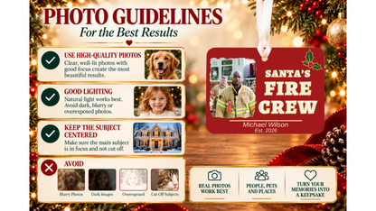 Photo guidelines for best results with Santa's Fire Crew red firefighter ornament with a photo frame and good and bad photo examples