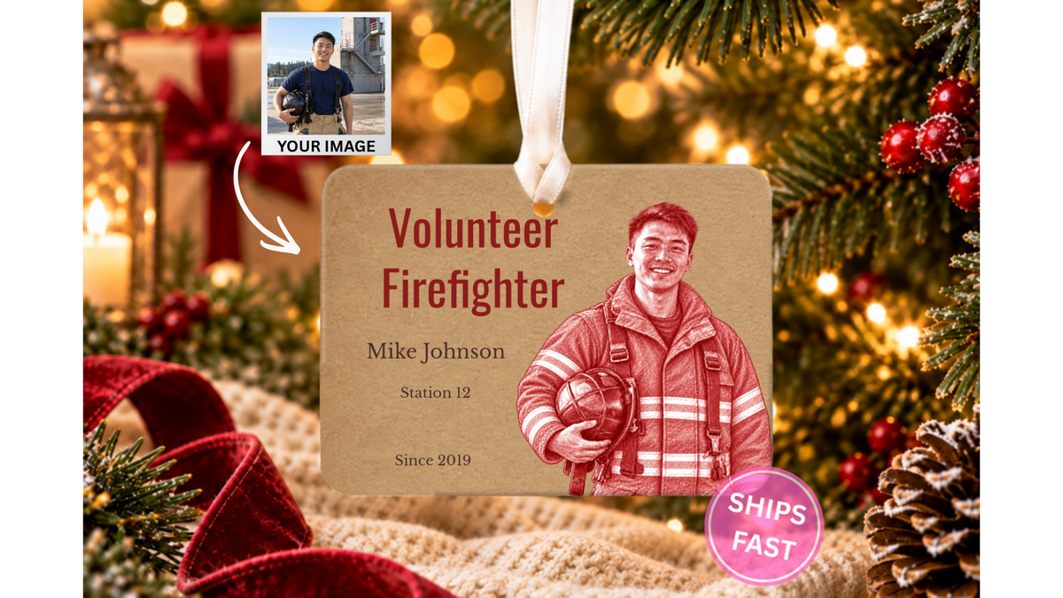 Volunteer Firefighter red pencil sketch ornament on a Christmas tree backdrop with a Your Image tile showing the buyer photo