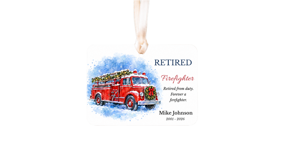 Retired Firefighter watercolor fire truck ornament on a white background