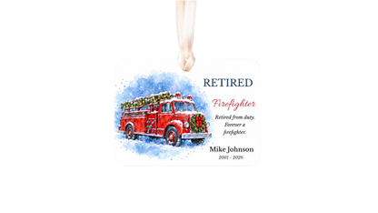 Retired Firefighter watercolor fire truck ornament on a white background