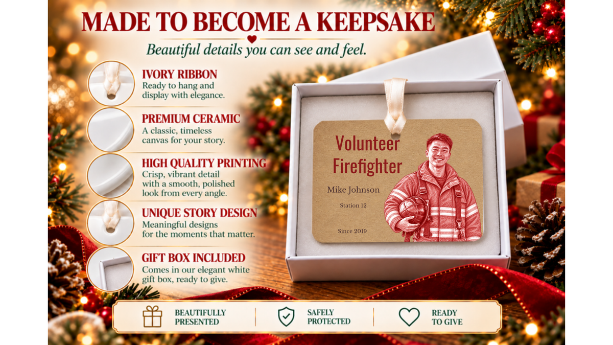 Made to become a keepsake: Volunteer Firefighter red pencil sketch ornament in a white gift box with ivory ribbon and ceramic detail close-ups