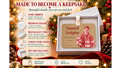 Made to become a keepsake: Volunteer Firefighter red pencil sketch ornament in a white gift box with ivory ribbon and ceramic detail close-ups