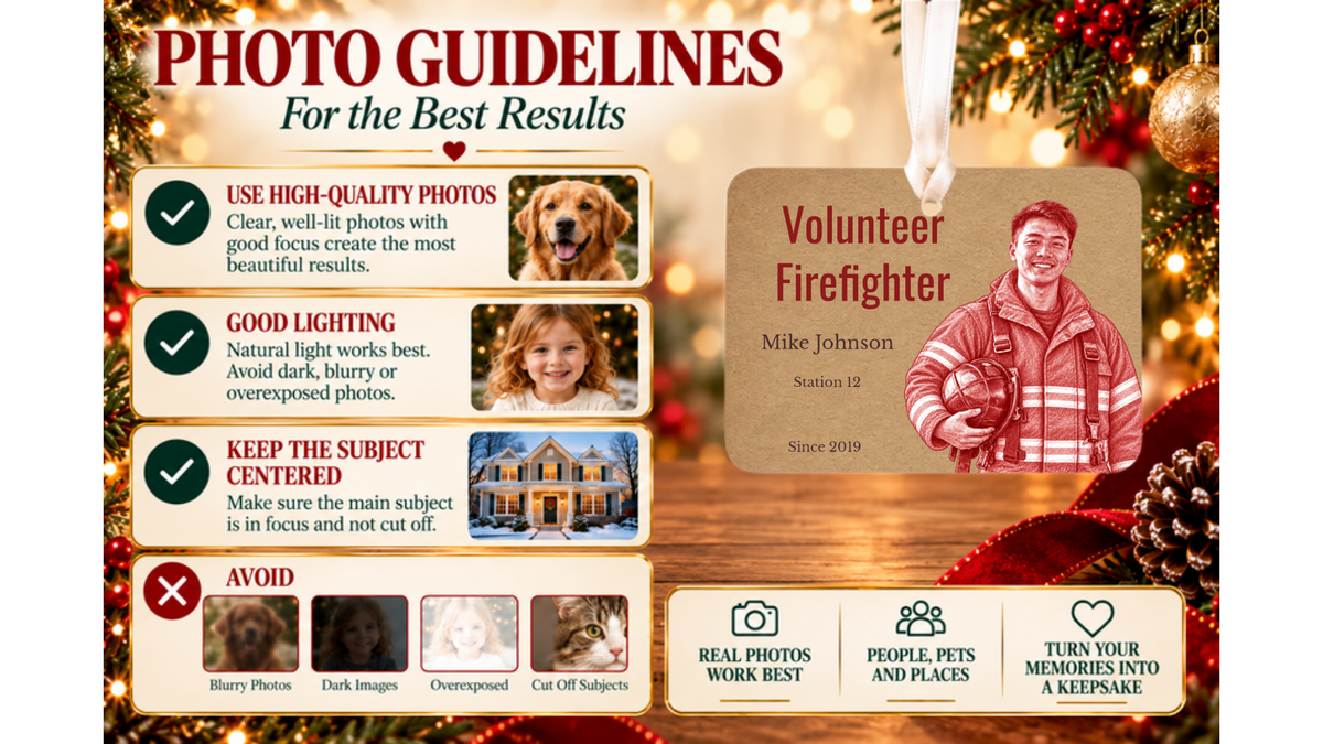 Photo guidelines for best results with Volunteer Firefighter red pencil sketch ornament and good and bad photo examples
