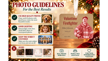 Photo guidelines for best results with Volunteer Firefighter red pencil sketch ornament and good and bad photo examples