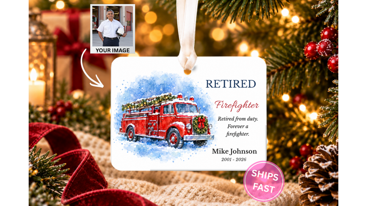 Retired Firefighter watercolor fire truck ornament on a Christmas tree backdrop with a Your Image tile showing the buyer photo
