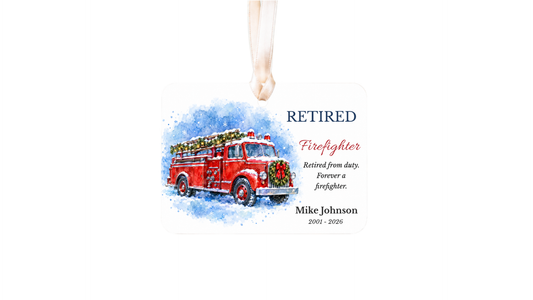 DESIGN F - Retired Firefighter Watercolor Firetruck personalized ceramic Christmas ornament design