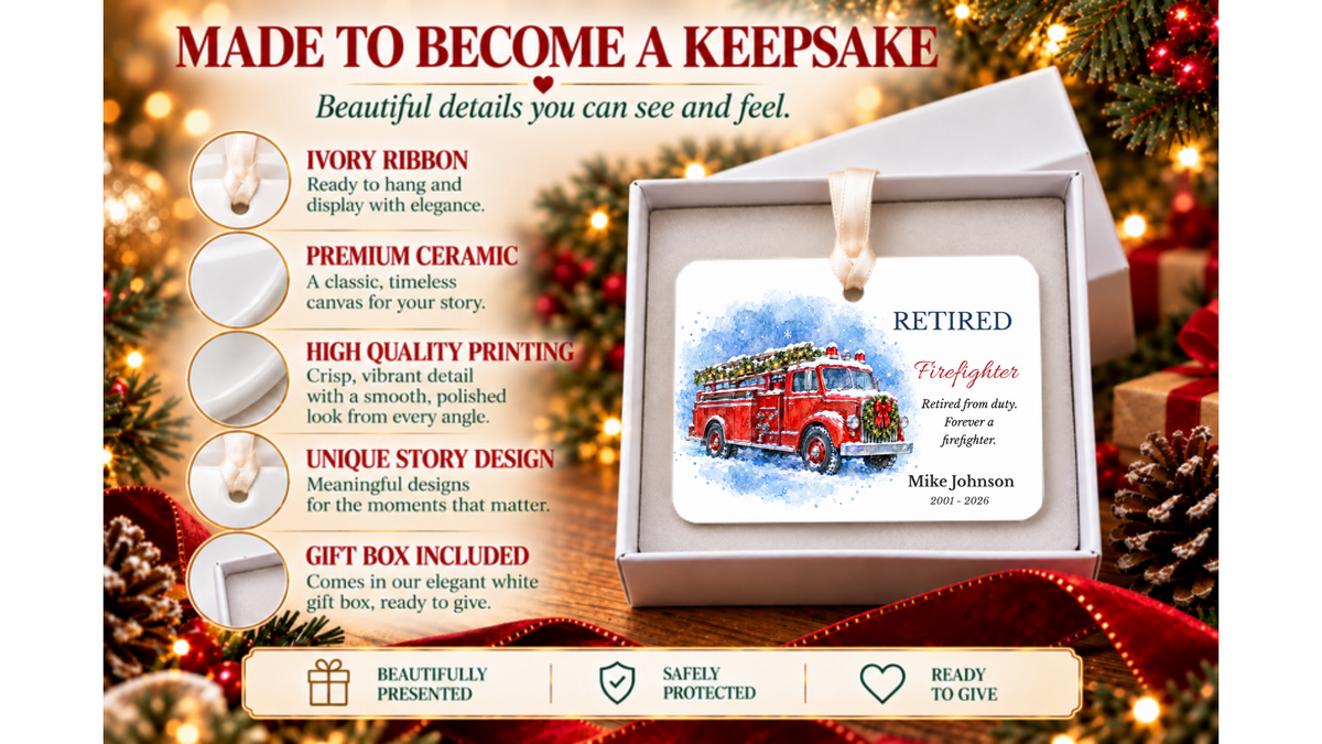 Made to become a keepsake: Retired Firefighter watercolor fire truck ornament in a white gift box with ivory ribbon and ceramic detail close-ups