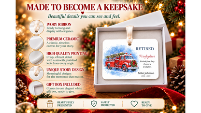 Made to become a keepsake: Retired Firefighter watercolor fire truck ornament in a white gift box with ivory ribbon and ceramic detail close-ups