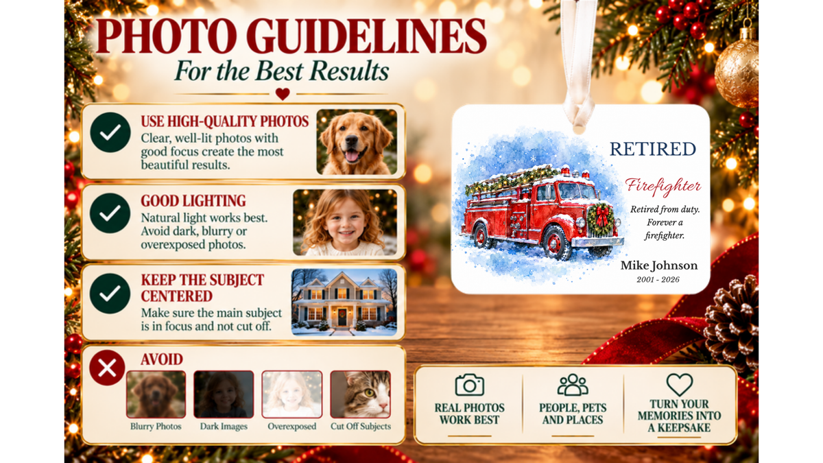 Photo guidelines for best results with Retired Firefighter watercolor fire truck ornament and good and bad photo examples