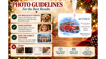 Photo guidelines for best results with Retired Firefighter watercolor fire truck ornament and good and bad photo examples