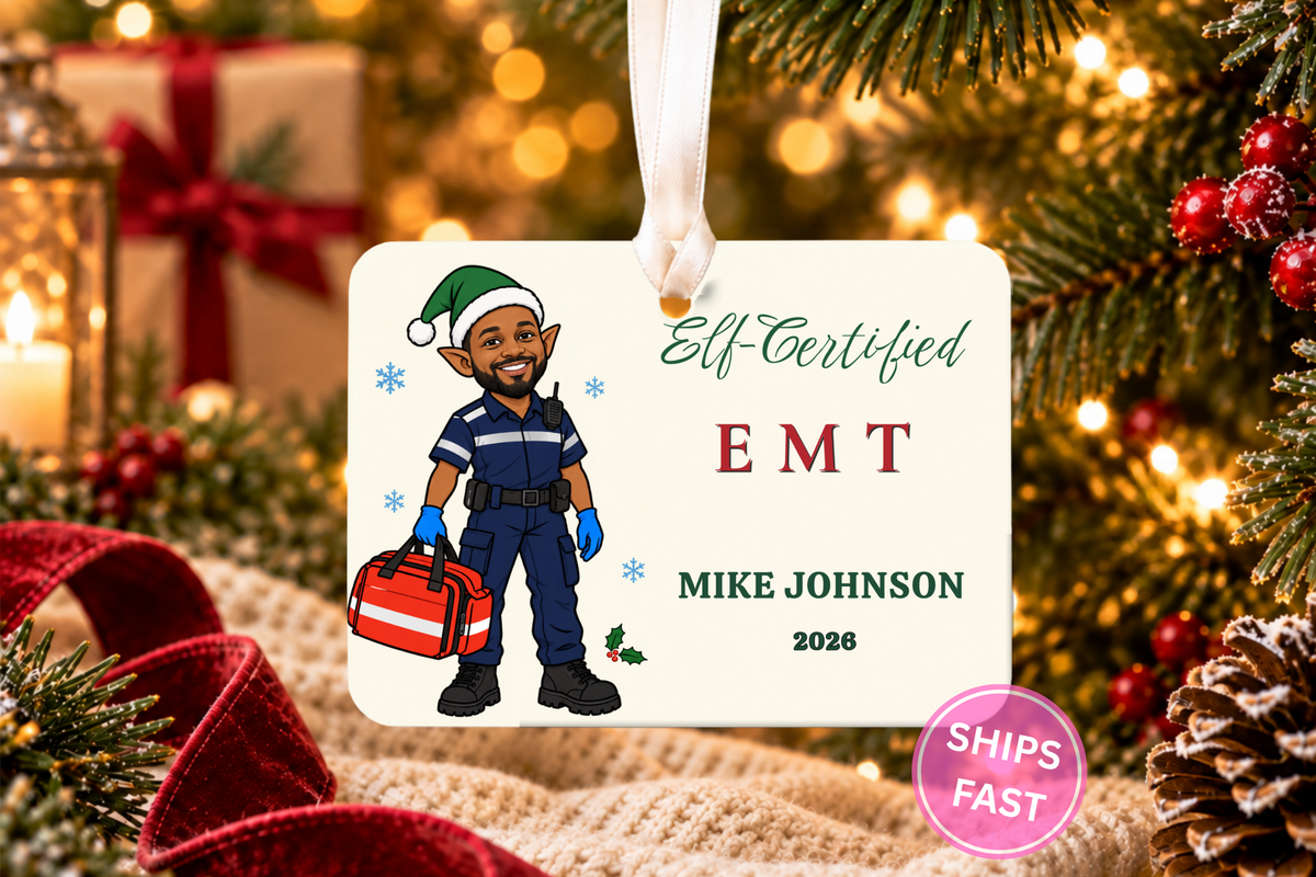 Funny EMT Elf-Certified personalized 4 x 3 in ceramic Christmas ornament