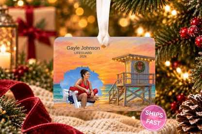 Lifeguard personalized 4 x 3 in ceramic Christmas ornament