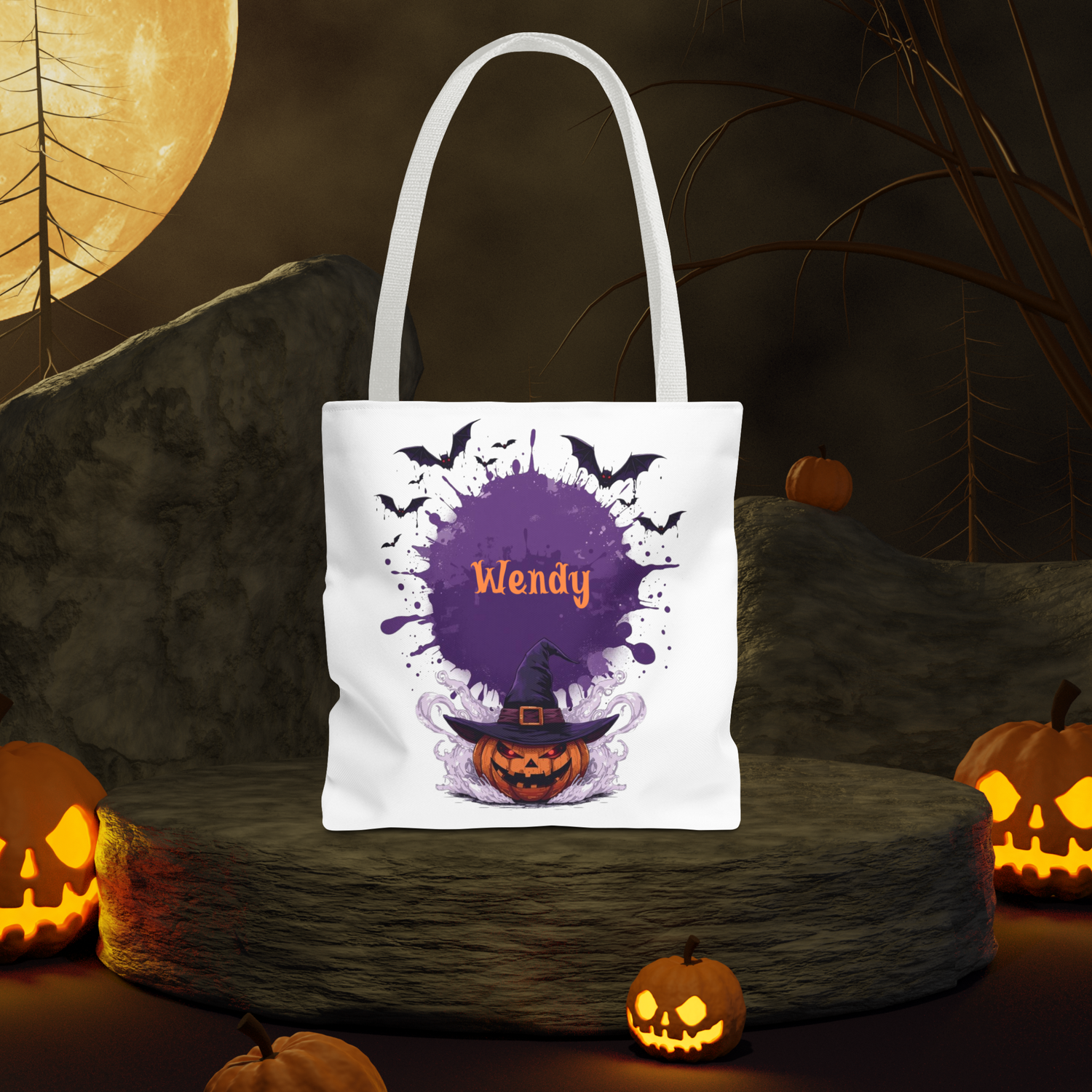 Personalized Kids Halloween Treat Bag featuring a witch hat and pumpkins, custom name 'Wendy' in spooky design.